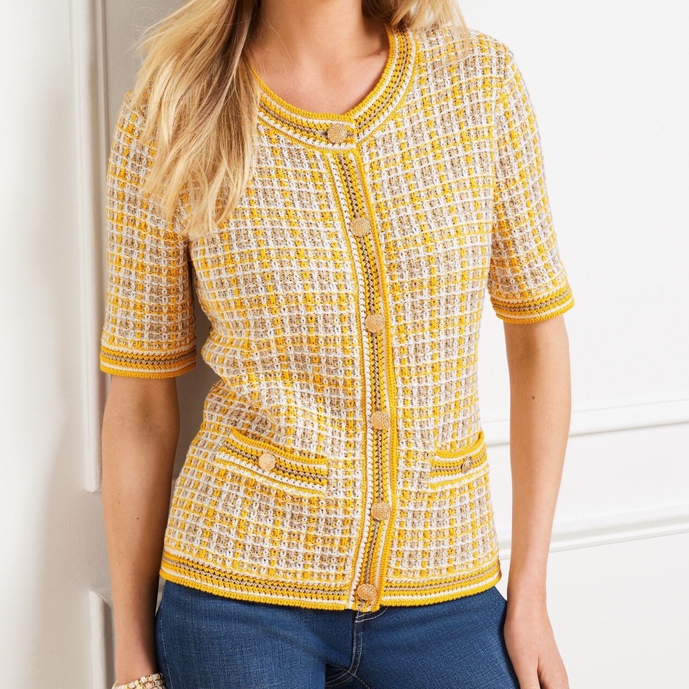 Talbots Women's Short Sleeve Cardigan Yellow Plaid Size 3X Gold Button Elegant
